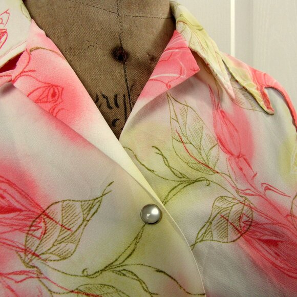 Vintage 70s Lasso Shirt Size 36 Pink Crepe Floral Pearlized Snap Front Western - Picture 3 of 14